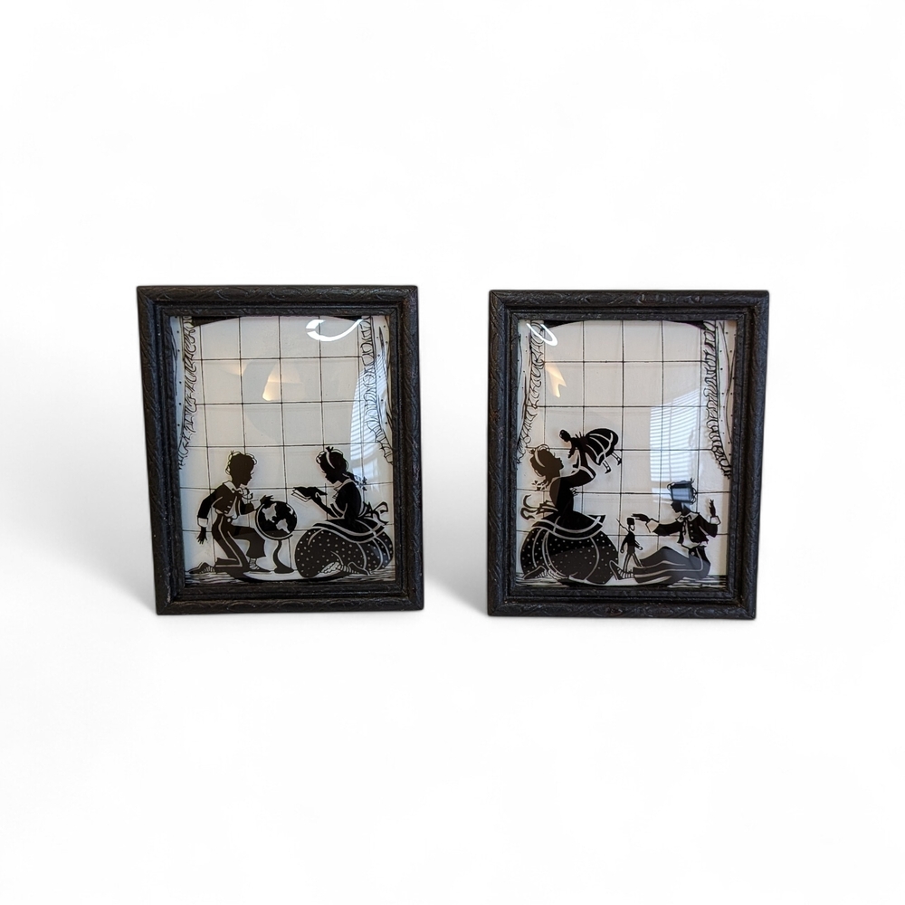 Vtg Framed Victorian reverse painting silhouette children at play convex glass